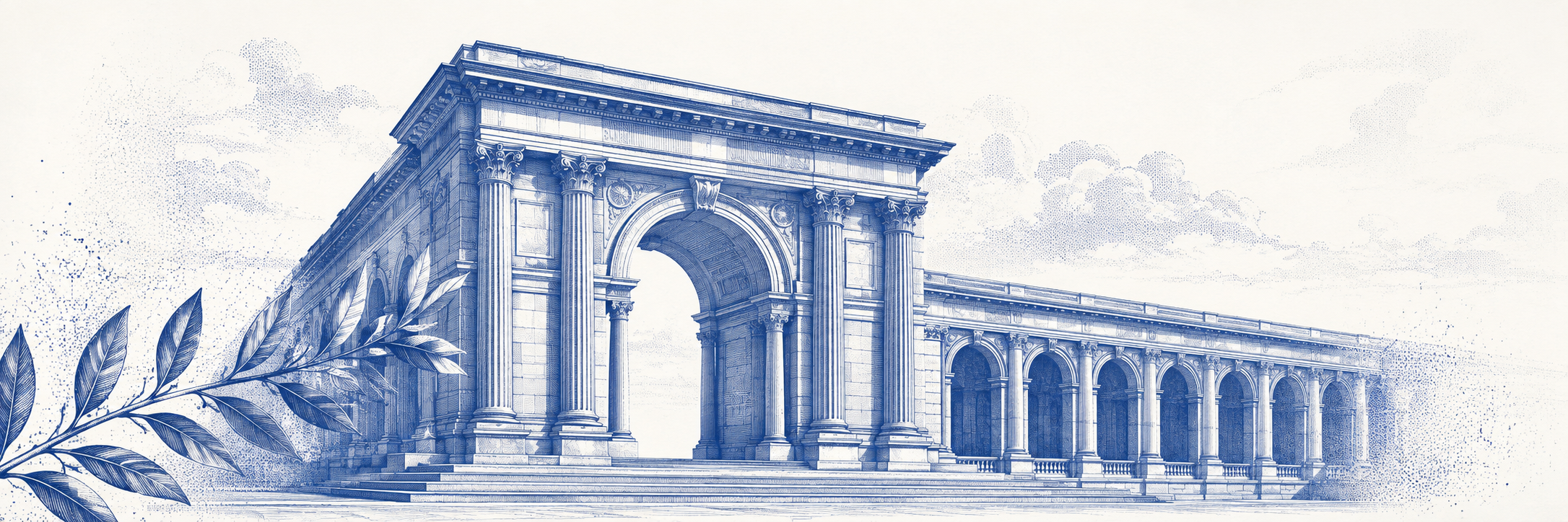 Original blue engraving of a monumental open arch and receding arcade, with a laurel branch and fine halftone texture